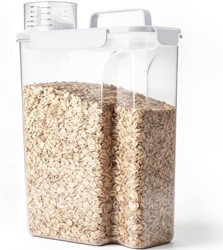 Komzon Rice Storage Containers 20lb, Airtight Cereal Containers Storage, with Pouring Spout Portable Handle for Flour, Pasta, Grain and Baking, Pet Dog Cat Bird Food Container White