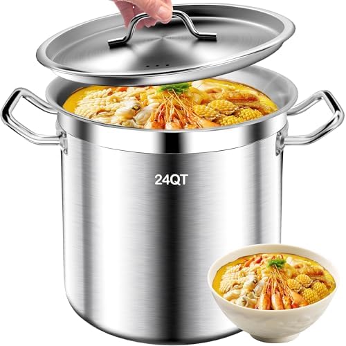 24QT Large Stock Pot - Stainless Steel Stockpot with Lid, Heavy Duty Tri-Ply Bottom Commercial Grade Soup Pot Big Stockpots for Boiling Soup Stew Canning Cooking Pots, Deep Cookware