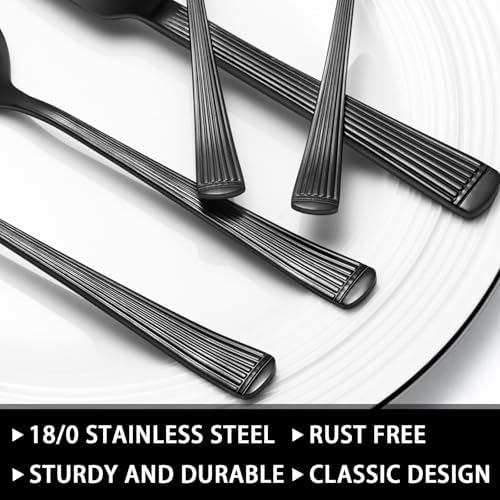49-Piece Black Silverware Set with Organizer, Food-Grade Stainless Steel Black Flatware for 8, Cutlery Utensil Sets with Steak Knives, Rust-proof, Mirror Polished, Dishwasher Safe, Roman Column