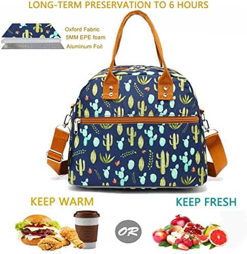 FlowFly Insulated Lunch Bag With Shoulder Strap for Women, Men, and Kids, Large and Reusable, Handle, Freezable Work and School Travel Tote and Meal Prep Organizer,Cactus