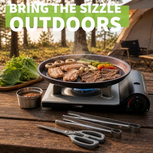TECHEF - Stovetop Korean BBQ Non-Stick Grill Pan with Agni Portable Gas Stove Burner, Made in Korea (Essential KBBQ Set)