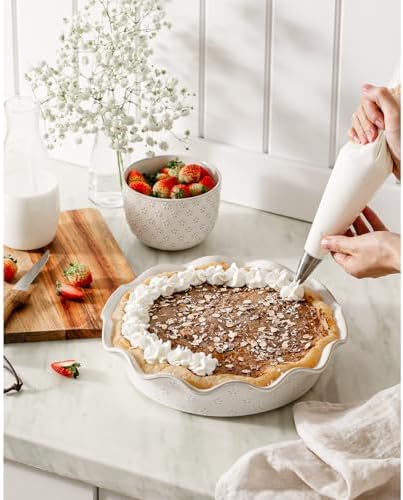 Ceramic Deep Pie Pan for Baking, 11 inch Porcelain Pie Plate for Apple Pie, Oven & Dishwasher Safe, Farmhouse Decor, 48 Ounce Deep Plate for Kitchen, Non-Stick Pie Dish, Embossed Flower