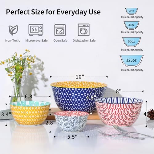 Selamica Ceramic Mixing Bowls Set of 4, 20/36/60/123 oz, Assorted Colors