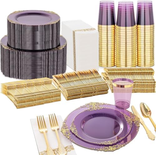 Nervure 350Pcs Purple Plastic Plates, Plastic Dinnerware Set for 50 Guests