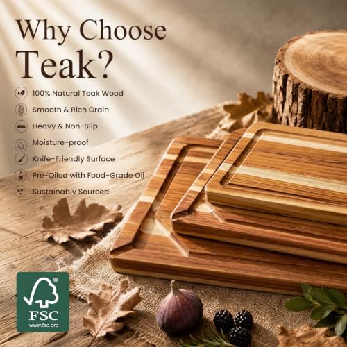 Kikcoin Teak Wood Cutting Board for Kitchen with Storage Stand, Pre-Oiled Wooden Cutting Board Set of 3, Large Butcher Block Charcuterie Boards with Juice Groove for Meat, Cheese, Pizza