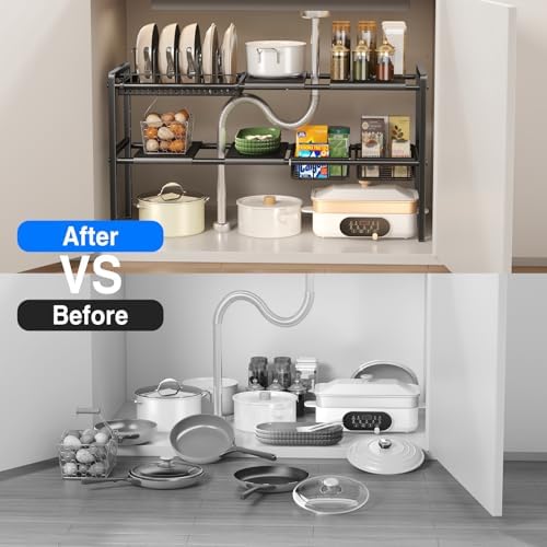 Mustorn Pots and Pans Organizer Under Cabinet, Expandable 2 Tier Under Sink Organizers Storage Adjustable Height Kitchen Pot and Pan Lid Holder Rack with 6 Dividers(4panels,2baskets,1 Pot rack,Black)