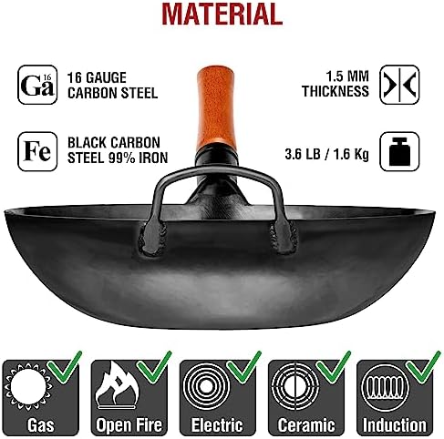 YOSUKATA Carbon Steel Wok Pan – 13,5 “ Woks and Stir Fry Pans + Wok Lid 12.8 Inch - Premium Stainless Wok Cover with Tempered Glass Insert Steam Holes and Ergonomic Handle