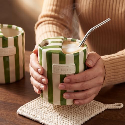 10oz Ceramic Coffee Mug with Sip Hole, Striped Espresso Cups for Hot & Cold Drinks and Microwave & Dishwasher & Freezer Safe, Ideal for Home Desk Kitchen Office Dorm Cafe Travel Daily - Green