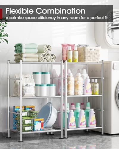 Sakugi 3-Tier Metal Storage Shelves Adjustable Feet, 18"x12"x30", Silver
