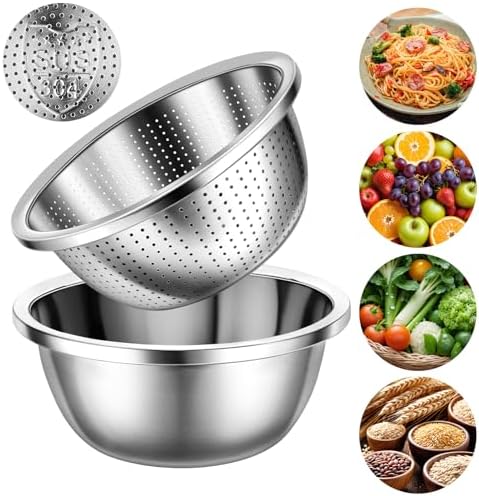 304 Stainless Steel Microporous Colander Set - 3QT Large Capacity Kitchen Strainer, Dishwasher Safe for Vegetable/Fruit/Rice Washing & Cooked Pasta Draining （2PC)