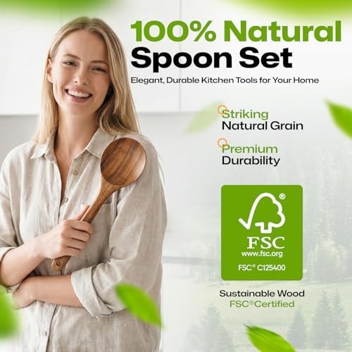 AIUHI Teak Wood Mixing Spoon, 12.6" Long Wooden Spoon for Cooking, Non-Stick Safe Wooden Mixing Spoon with Hanging Hole, Ideal for Stirring Sauces & Mixing Batters