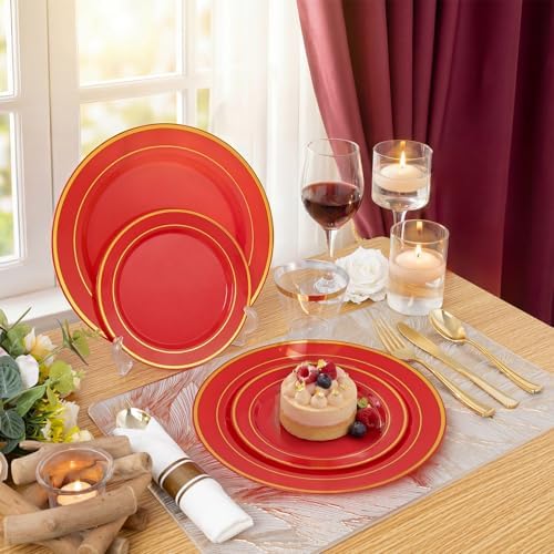 WDF Partyware 350Pieces Red Plastic Plates with Gold Rim Include 50Dinner Plate 10inch 50Dessert Plate 7inch 50 gold Cups 9 OZ, 50 Pre Rolled Napkins for Wedding/Birthday/Christmas/Party