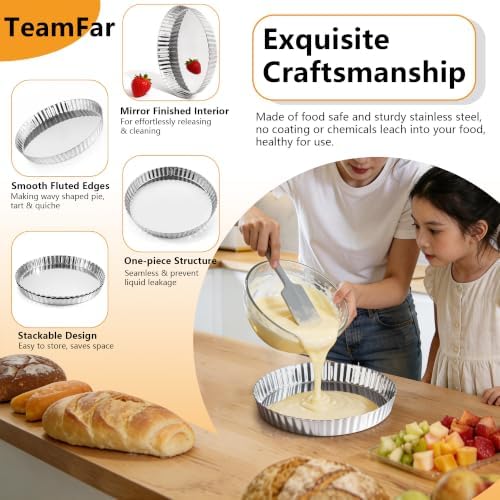 TeamFar Tart Pan, 9.5 Inch Stainless Steel Round Tart Pie Pan, 2PCS