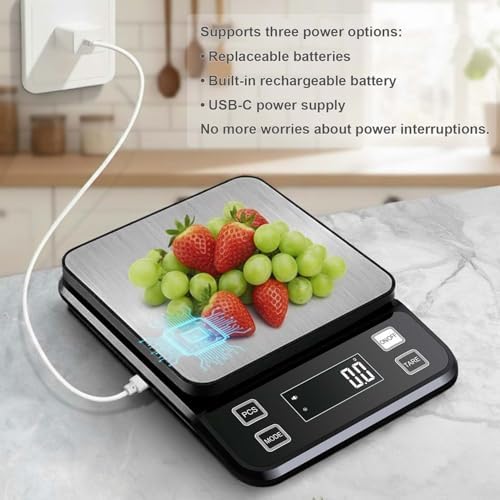 Waterproof Digital Kitchen Scale 0.1g/0.001oz Precision, Stainless Steel Electronic Scale with 3 Power Options (Rechargeable/AAA/Built-in), 10 Units Conversion, Smart Standby, 5kg/11lb Capacity