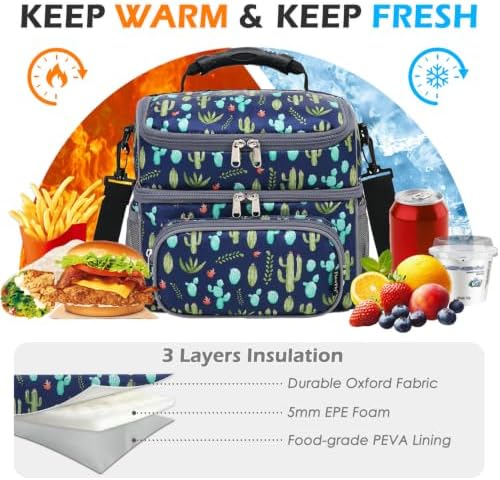 FlowFly Double Layer Cooler Insulated Lunch Bag Adult Lunch Box Large Tote Bag for Men, Women, With Adjustable Strap,Front Pocket and Dual Large Mesh Side Pockets