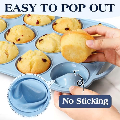 CAKETIME Silicone Muffin Pans for Baking, Metal Reinforced Frame Regular 12 Cups & Mini 24 Cups Cupcake Pan Set Nonstick Muffin Pan for Homemade Baking Easy to Handle