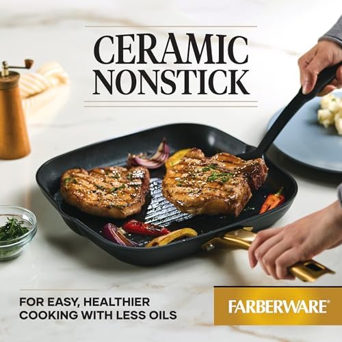 Farberware Forged Induction Ceramic Cookware Nonstick Square Grill Pan/Griddle Pan, Dishwasher Safe, Suitable for All Stovetops, 11 Inch - Black and Gold