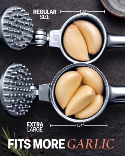 Zulay Kitchen Large Premium Garlic Press Set - Bigger Bowl for Bigger Garlic - Rust Proof Garlic Mincer Tool - Easy-Squeeze, Easy-Clean Silicone Garlic Peeler & Brush (Slate)