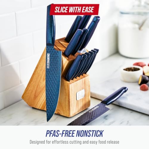 Blue Diamond Sharp Stone 14 Piece Knife Block Set, PFAS-Free Nonstick Diamond Textured Stainless Steel Blades, Rust Resistant Kitchen Cutlery, Chef & Steak Knives, Dishwasher Safe, Navy