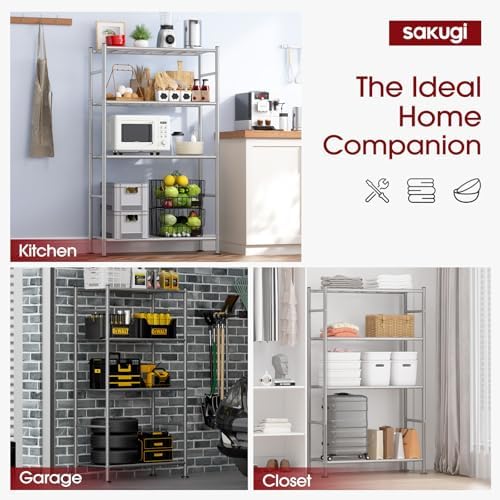 Sakugi Storage Shelves - 4 Tier Shelf Organizer, Heavy Duty Garage Shelving Unit with Leveling Feet, Stable Metal Shelves Organizer for Pantry, Kitchen and Closet, 33.0" W x 12.6" D x 57.2" H, Silver