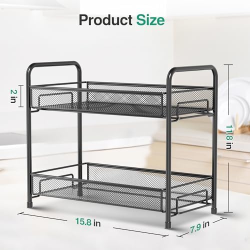 Spice Rack Organizer for Countertop,Xpatee 2-Tier Foldable Metal Rust-Proof Standing Large Seasoning Storage Shelf with Guardrail and Mesh Design for Kitchen Cabinet Bathroom Living Room Pantry, Black
