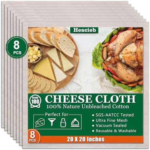 8 Pcs Cheese Cloths, SGS Tested 100% Unbleached Cotton, 20x20 Inch Cheesecloth for Straining, Grade 100 Ultra-Dense Cheese Cloth With Fabric Fine Mesh Cloth for Cooking, Juicing, Baking, Cheese Making