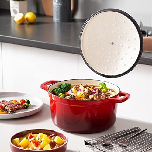 vancasso 6 Qt Round Enameled Cast Iron Dutch Oven with Lid & Handles, Red