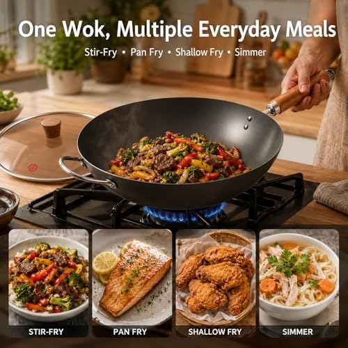 WANGYUANJI Carbon Steel Wok with Lid, 12.6 Inch Flat Bottom Chinese Wok