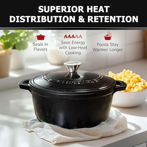 MUELLER HOME 4.5 QT Enameled Cast Iron Dutch Oven, Heavy-Duty Casserole Dish and Braiser Pan with Lid and Stainless Knob, Oven-Safe up to 500° F & Across All Cooktops, Black