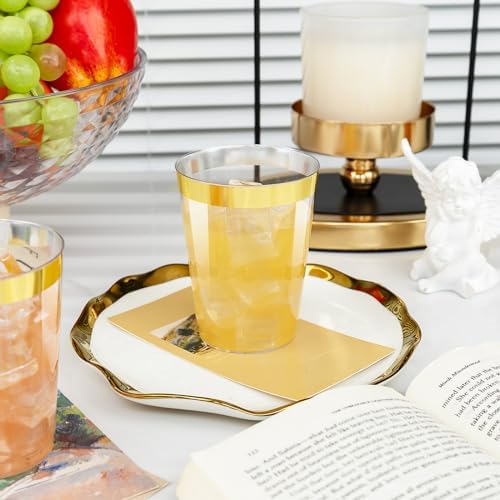 I00000 60 Pack Gold Plastic Cups, 10 OZ Clear Plastic Cups