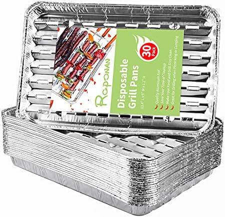 30-Pack Disposable Grill Toppers, Aluminum Foil Grill Pans with Holes, Grill Accessories for Barbecue, Outdoor Cooking and Camping