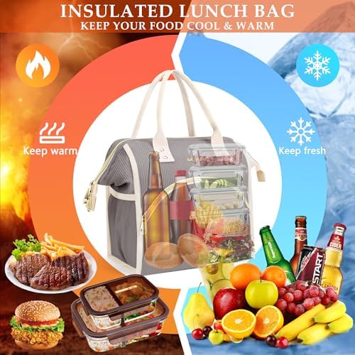 LOKASS Lunch Bag Women Insulated Lunch Box Wide-Open Lunch Tote Bag Large Cooler Bag for Work Picnic Hiking Beach（Dark Gray）