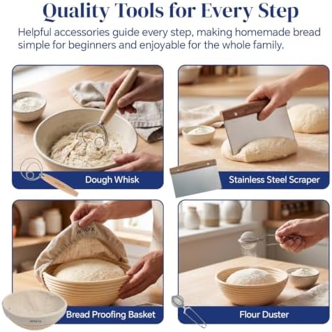 HITROCK Enameled Cast Iron Dutch Oven with Lid, 4.9 Quarts, Blue, Diamond-Inspired Design, Oven Safe up to 500°F, for Bread Baking, Braising, Stews, Roasting, Includes Complete Sourdough Bread Baking Supplies, Bread Making Tools Kit