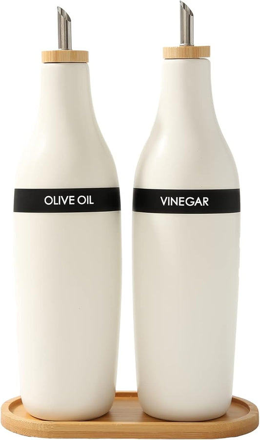 HOMCDALY Olive Oil and Vinegar Dispenser Set, Two 16oz Ceramic Oil Dispenser for Kitchen, Kitchen Dispenser Bottle for EVOO Vinegar Syrups, Modern Farmhouse Design| Set of 2 – white