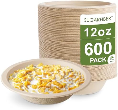 12oz Compostable Paper Bowls Disposable Round Natural Cereal Bowl,600 Count