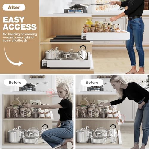 Seinloes Pull Out Cabinet Organizer, 4-Side Expandable to Fit Most Cabinets, 3 Rail Slide Out Drawers with Raising Pad for Framed & Frameless Cabinets, 15"-25" W x 17"-24" D, White, 2 Pack