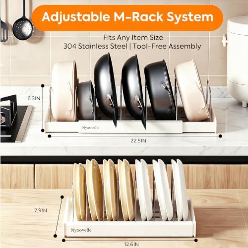 2 Pack Expandable Pots and Pans Organizer under Cabinet, Adjustable Pot Lid Organizer Rack with 9 Stainless Steel Dividers, Food Container Lid Holder for Kitchen Countertop Storage (White)