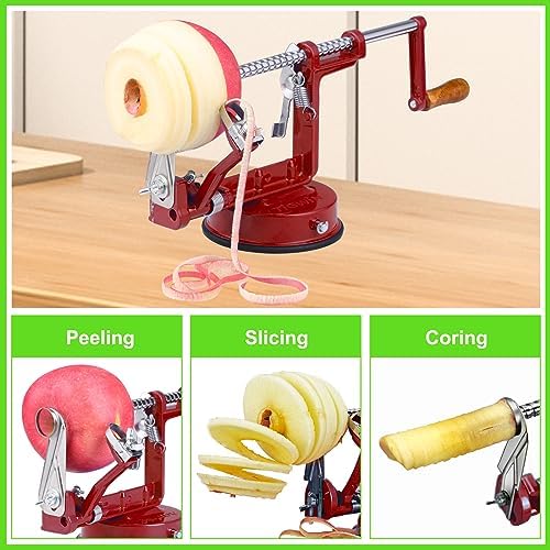 Apple Peeler Corer, Long lasting Chrome Cast Magnesium Alloy Apple Peeler Slicer Corer with Stainless Steel Blades and Powerful Suction Base for Apples and Potato(Deep Red)