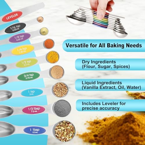 Magnetic Measuring Spoons Set of 9 with Leveler, Color-Coded Dual Sided Stainless Steel Measuring Spoon Set, Stackable Teaspoon and Tablespoon Set for Baking, Cooking, Kitchen Gadgets Dishwasher Safe