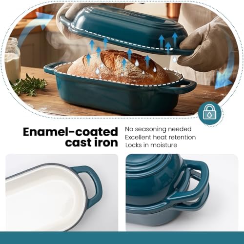 Oval Dutch Oven for Bread Baking,Enameled Cast Iron Bread Pan(4.1QT,Teal)