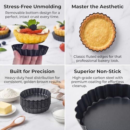 DATANYA 12Packs Mini Tart Pans 4 Inch Tart Pan Removable Bottom Round Nonstick Quiche Pan, Heavy Duty Fluted Side for Pies, Mousse Cakes, Dessert Baking