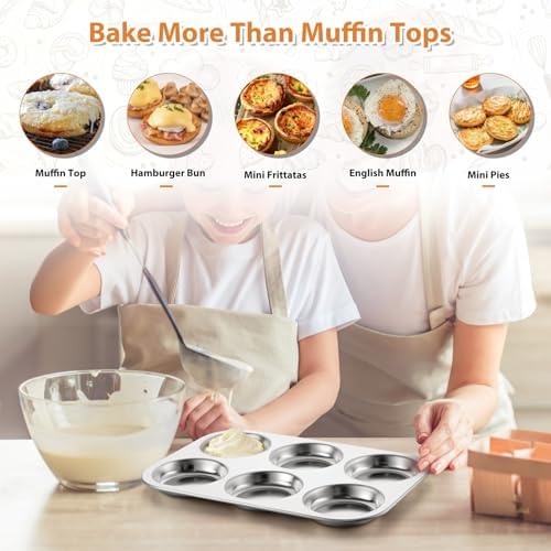 E-far Muffin Top Pan Set of 2, Stainless Steel 6-Cavity Shallow Cupcake Pan for Baking Whoopie Pie, Yorkshire Pudding, Eggs, Cornbread, Drop Cookies, Non-toxic & Standard Size, Oven & Dishwasher Safe