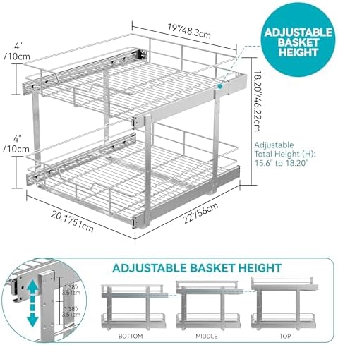 2 Tier Pull Out Cabinet Organizer 21" W X 22" D, Chromed, Full Slide Out