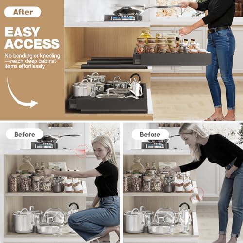 Seinloes Pull Out Cabinet Organizer, 4-Side Expandable to Fit Most Cabinets, 3 Rail Slide Out Drawers with Raising Pad for Framed & Frameless Cabinets, 15"-25" W x 17"-24" D, Black, 4 Pack