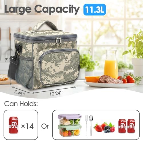FlowFly Insulated Reusable Lunch Bag Adult Large Lunch Box for Women and Men with Adjustable Shoulder Strap,Front Zipper Pocket and Dual Large Mesh Side Pockets,DigitalCamo