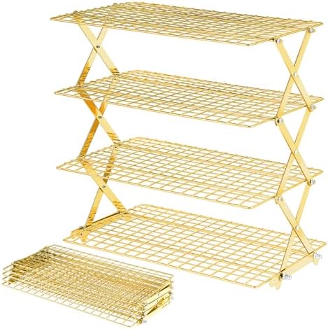 BEWOS 4 Tier Collapsible Cooling Rack - Adjustable Stainless Steel Baking Rack with Mesh Leak Proof，Foldable X-Shaped Structure Cooling Racks for Cooking and Baking, Dishwasher Safe（Gold）