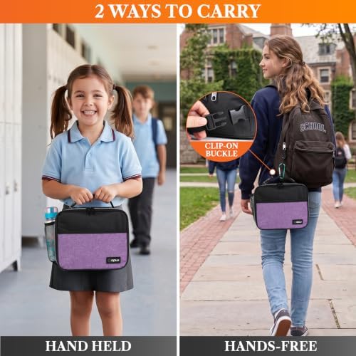 opux Insulated Lunch Bag for Kids, Reusable Lunch Box for School, Purple