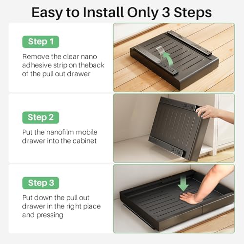 2 Pack Pull out Cabinet Organizer, Expandable(9"-14") Heavy Duty Slide out Drawer Fixed with Adhesive Nano Film for Pots, Roll out Shelf Storage for Kitchen Organization, Pantry, Bathroom(Black)