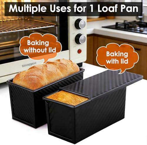 Saiveina 【5 Bonus Heart Shaped Cake Pans 】 Pullman Loaf Pan with Lid, 1 lb Bread Loaf Pan Non-Stick Carbon Steel, Square Bakeware for Sandwich, Shokupan, Pain de Mie, Sourdough, Toast, Black