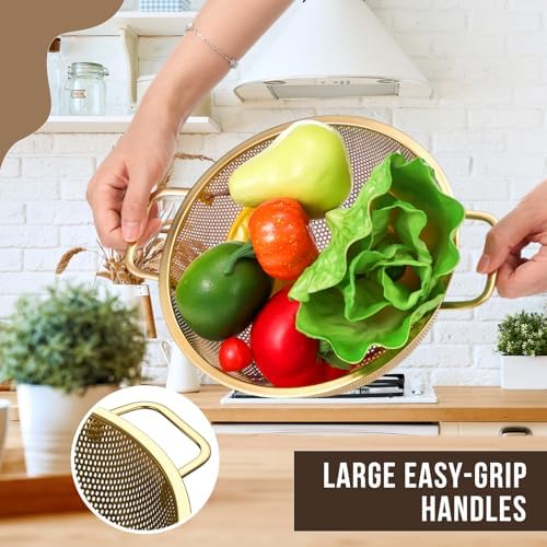 Norme 3 Quart Gold Colander and 3 Metal Fine Mesh Strainer Set